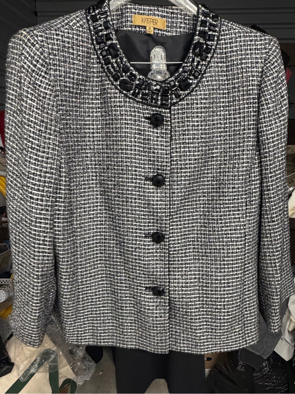 Kasper 2-Piece Dress Suit Set - Jeweled Tweed Jacket & Black Dress, Size 18